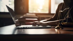 One woman typing on laptop in office