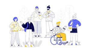 Illustration of diverse people, including one in a wheelchair on white background